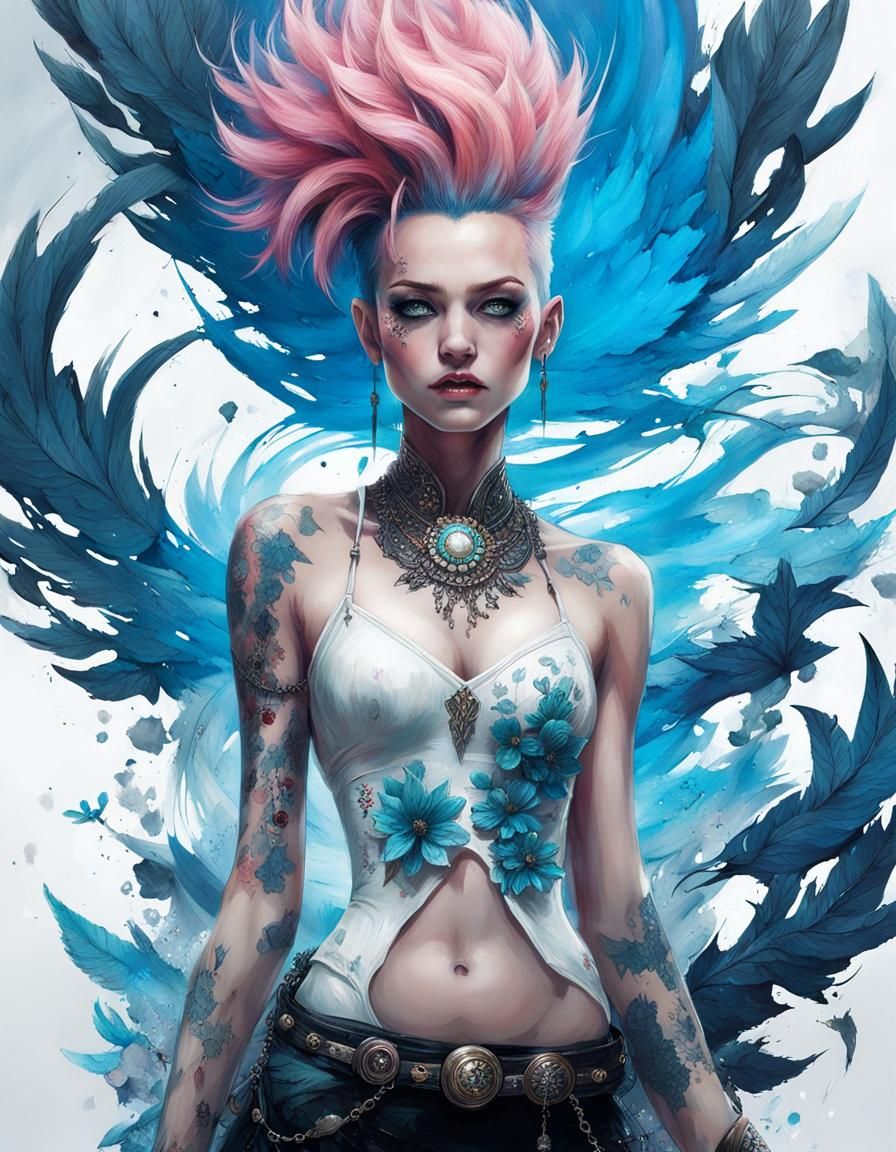 Punk Girl Portrait with Pink and Blue Mohawk