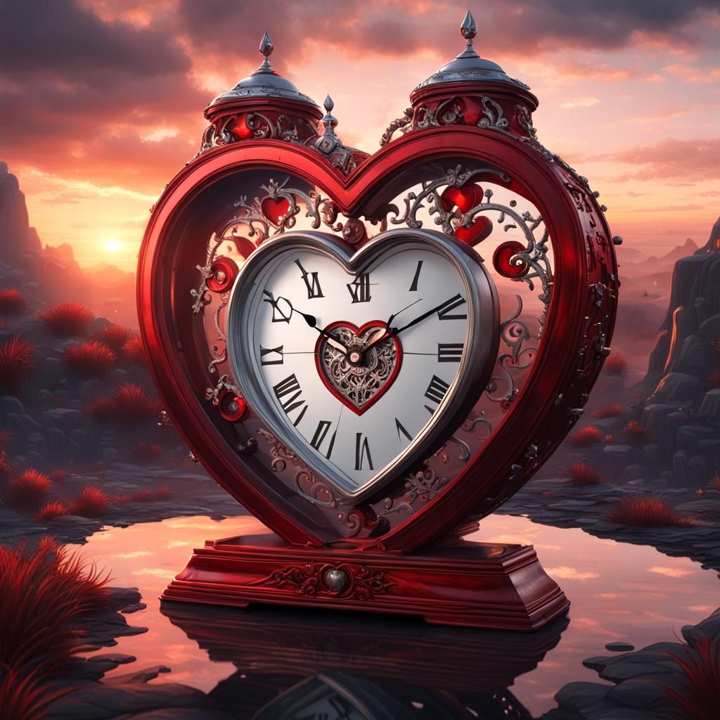 Heart-Shaped Clock with Sunrise Reflection in Fantasy Art