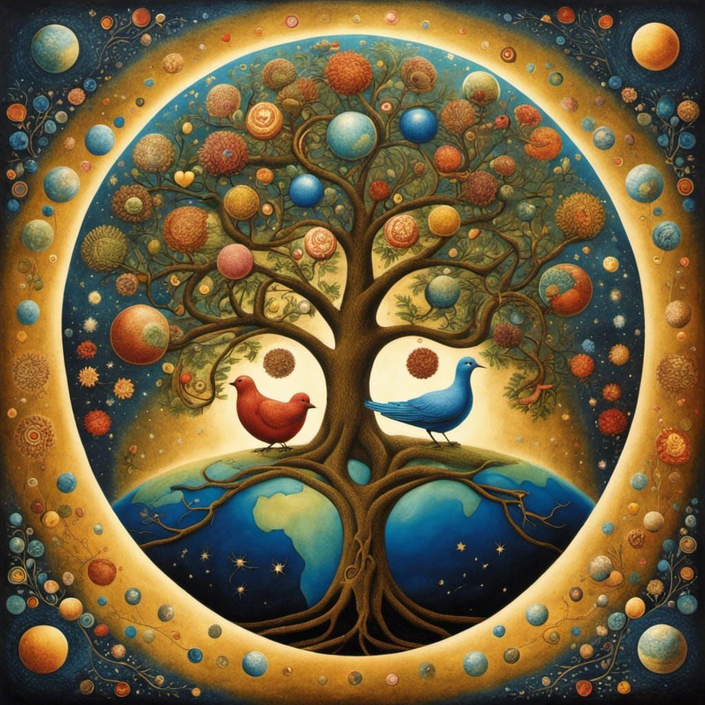 Tree of Life Earth in Cosmos, Art Brut Style