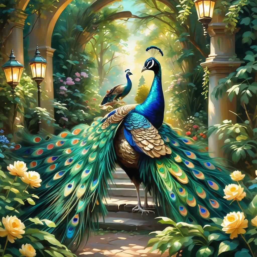 Peacock Dances in Sunlit Dutch Garden