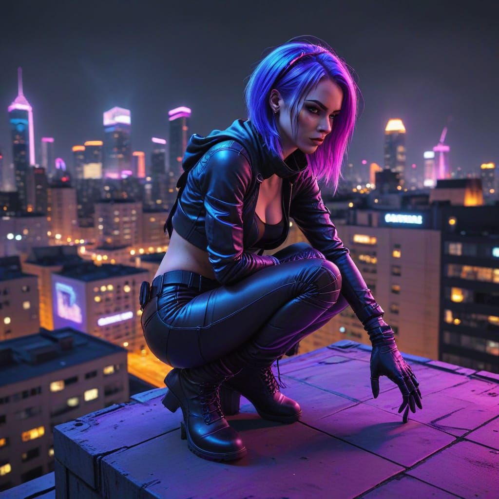 Cyberpunk Burglar on City Rooftop in Neon Style