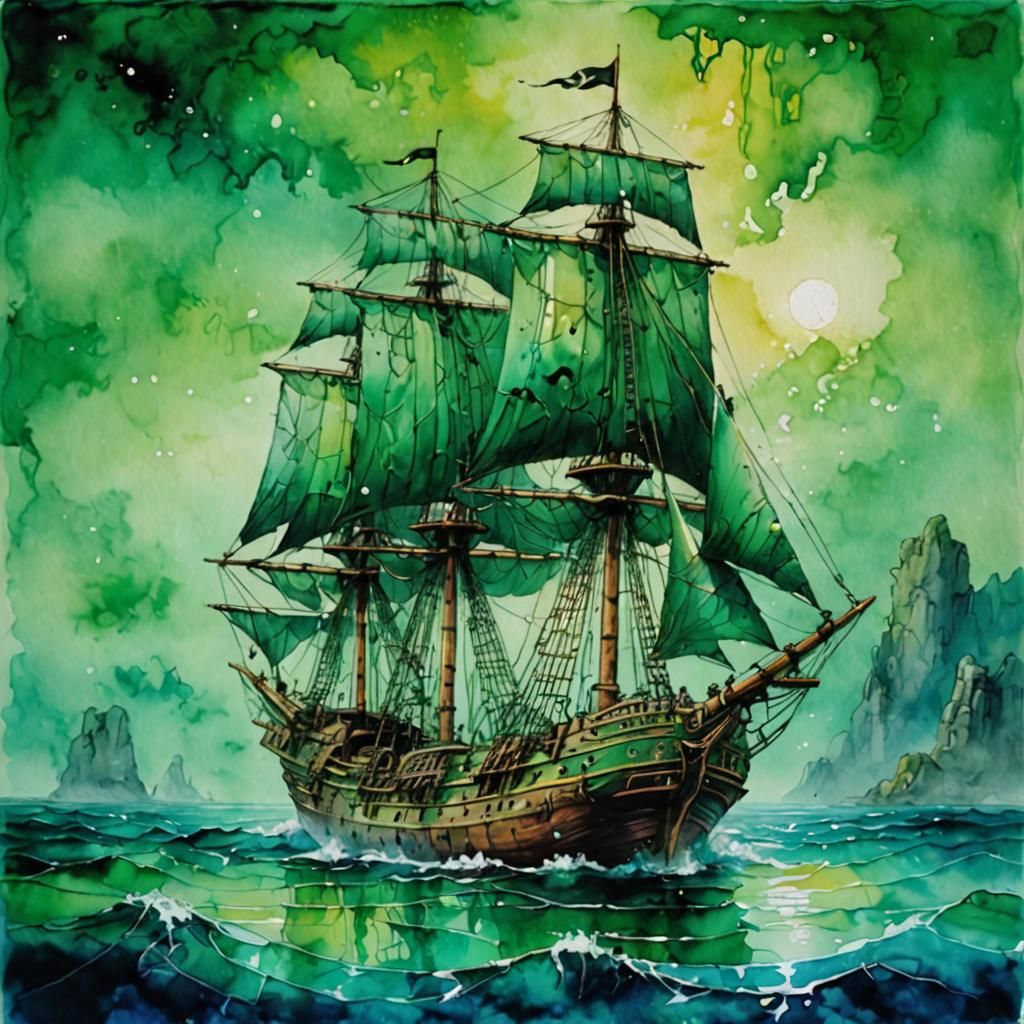 Ancient Aztec Schooner Sails Through a Vibrant Green Ocean