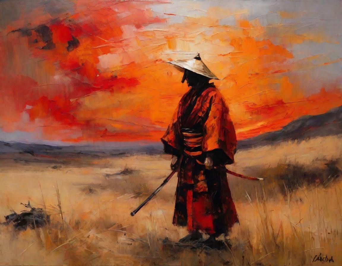 Samurai Warrior Surveys Battlefield in Dramatic Oil Painting