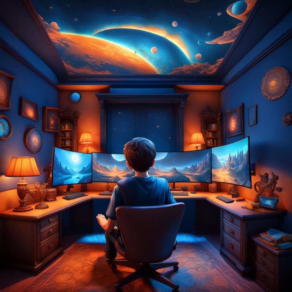 Fantasy Bedroom With Boy and Celestial Map