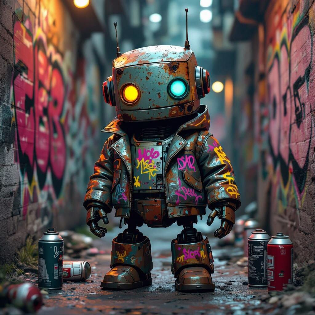 Spray-Painted Robot in Gritty Alleyway