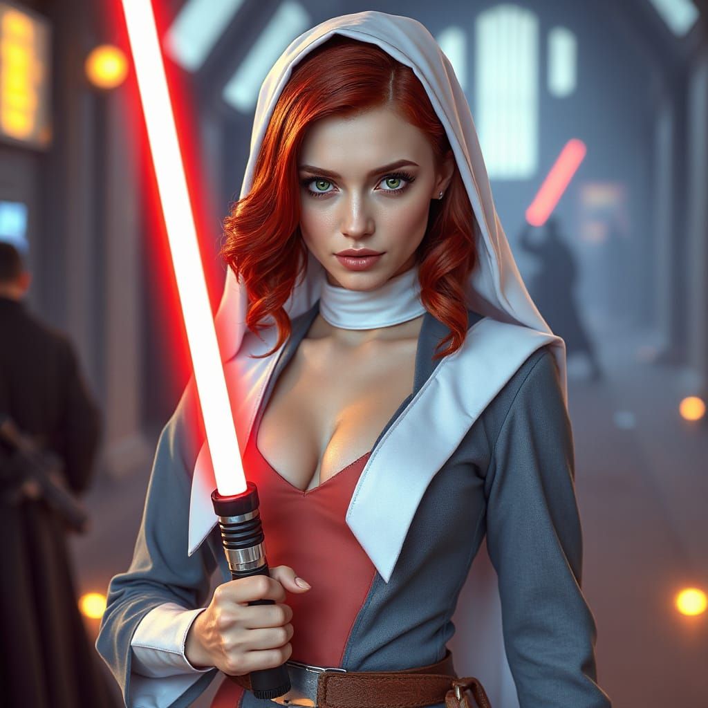 Redhead Nun with Lightsaber in Star Wars Style
