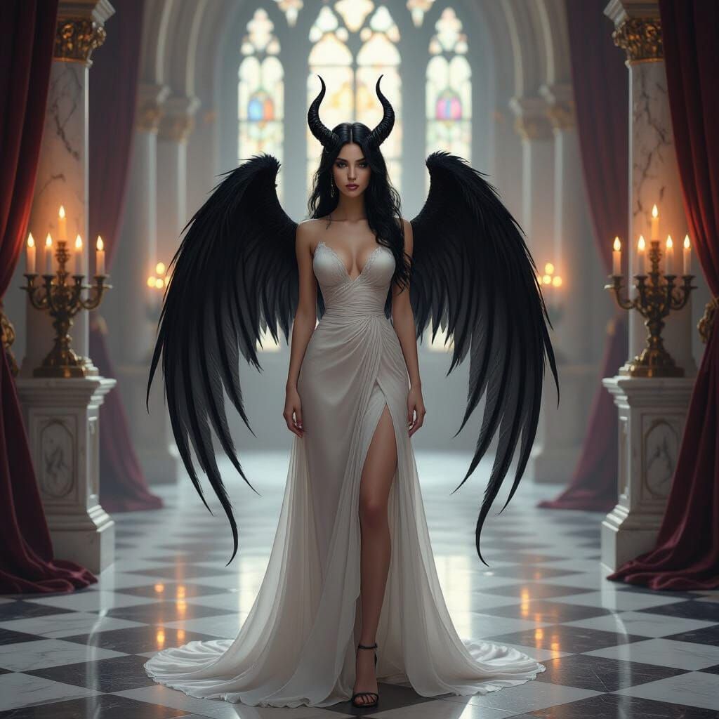 Fantasy Woman with Horns and Wings in Gothic Hall