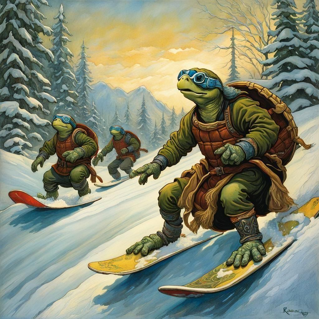 Snowboarding Turtles in Children's Book Illustration Style