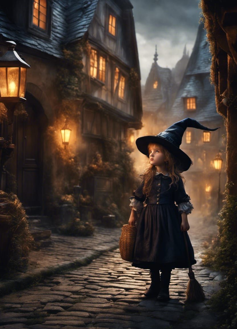 Shy Ragged Witch Portrait on Cobbled Street