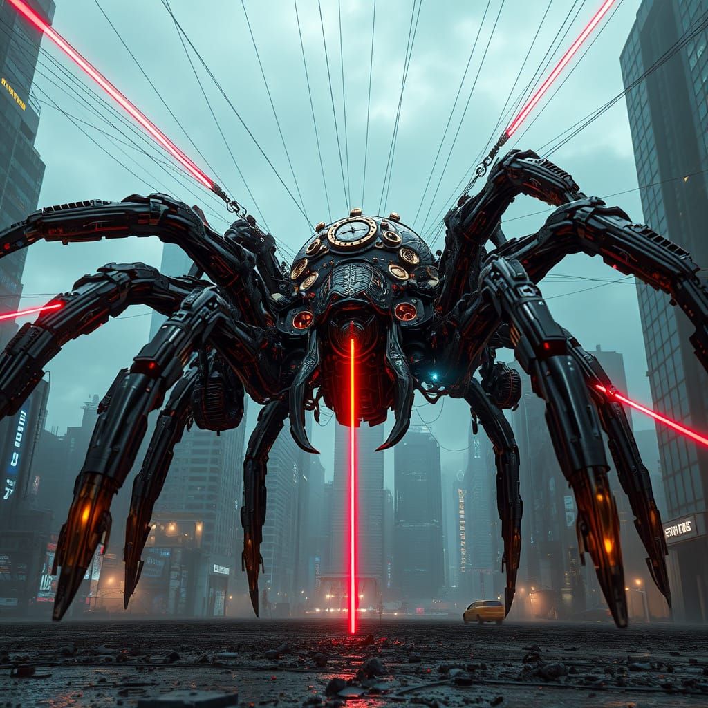 Gigantic Steampunk Spider Illuminates Futuristic Metropolis