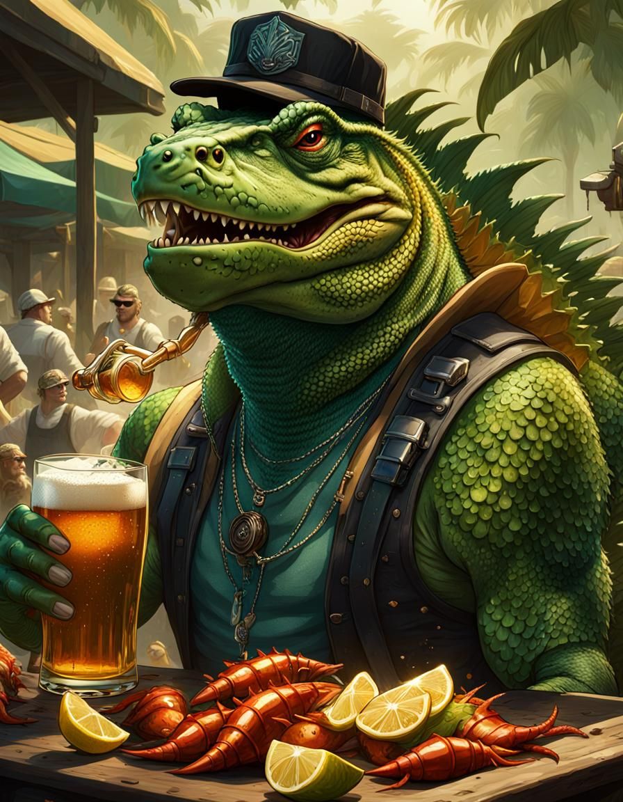 Humorous Lizardfolk Character at Crawfish Boil