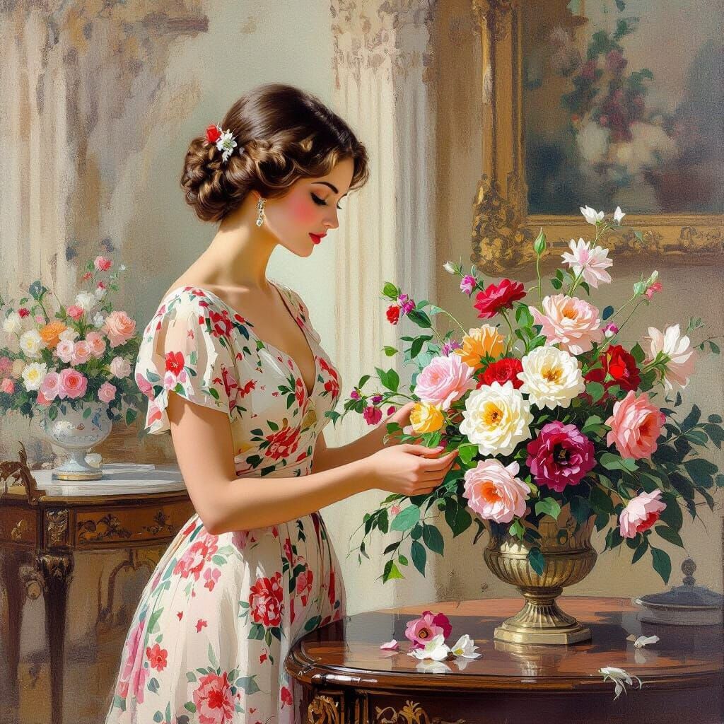 Woman Arranging Flowers in 1930s Mansion: Impressionistic St...