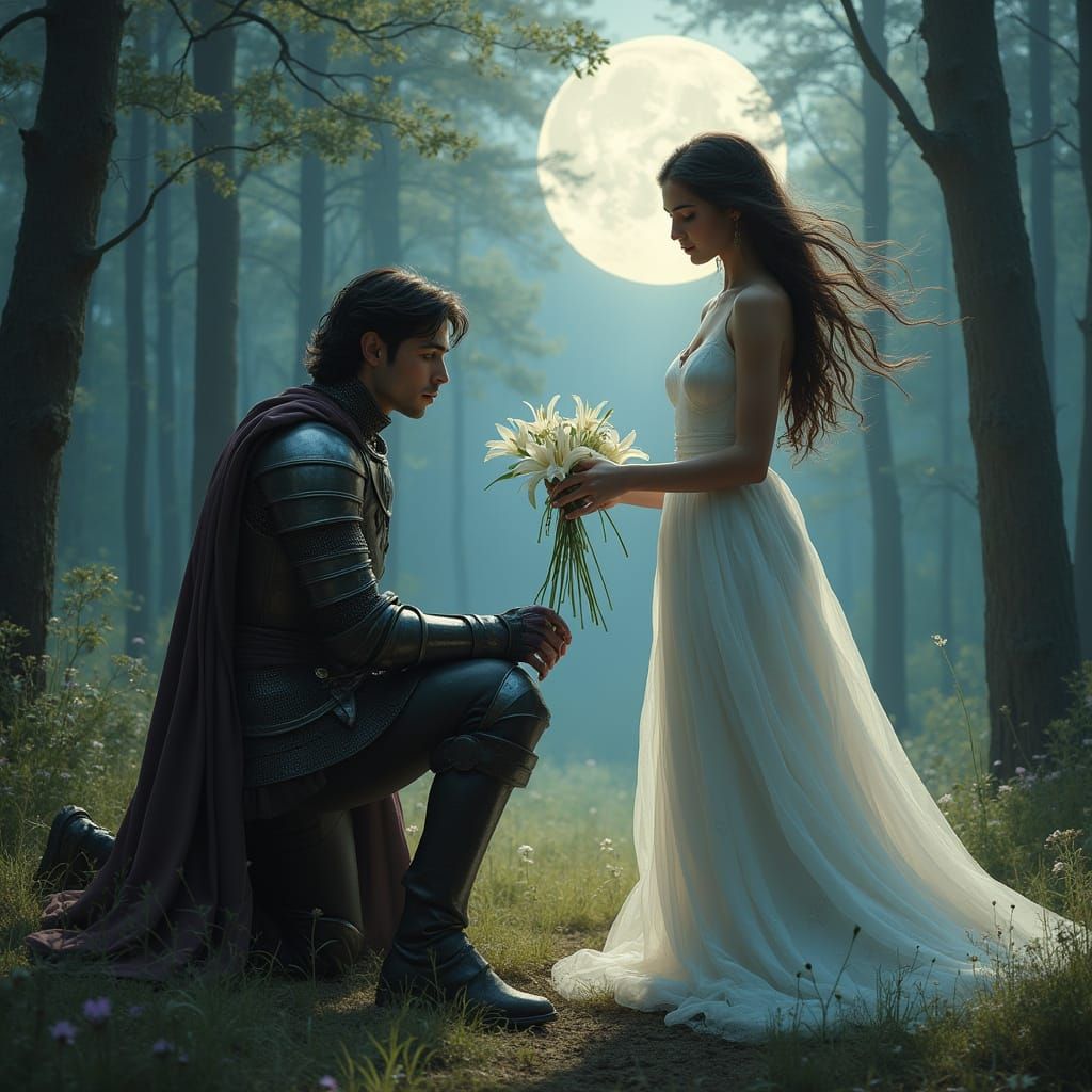 Chivalrous Knight Pays Homage to Elven Queen in Moonlit Fore...