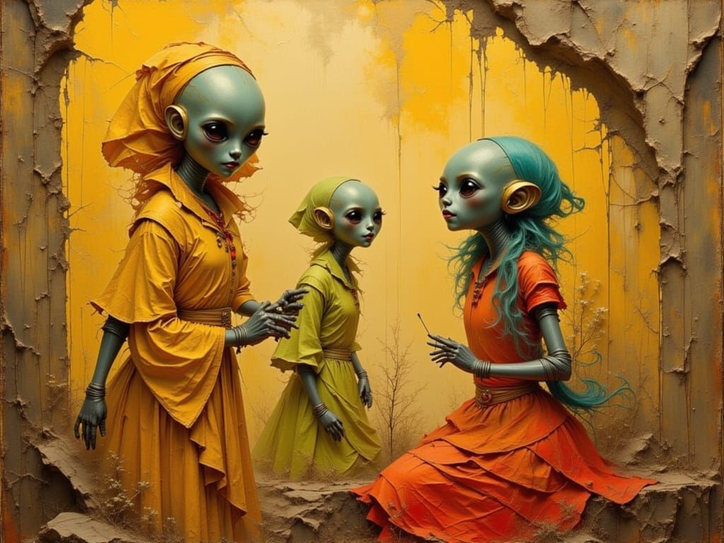Friendly Aliens in Elegant Attire: Vibrant Oil Painting