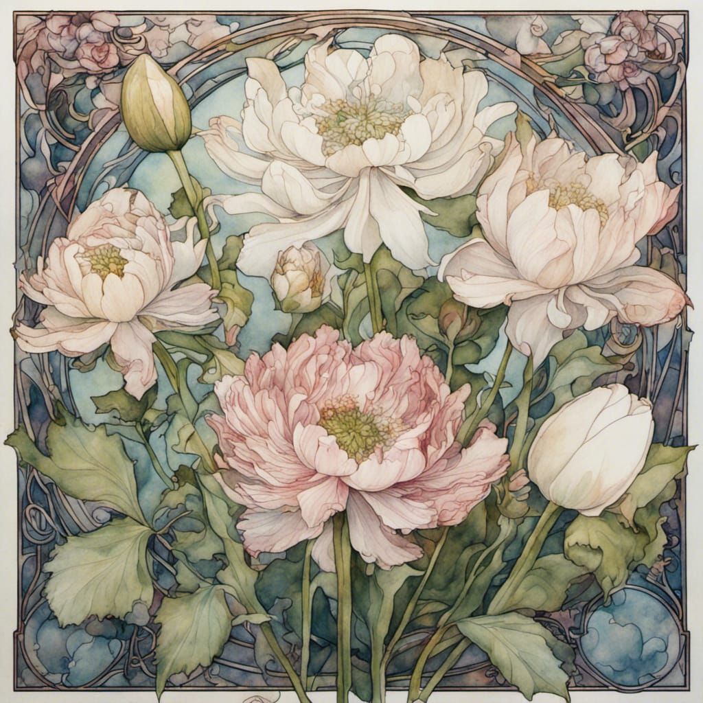 Art Nouveau Watercolour Painting of Flowers