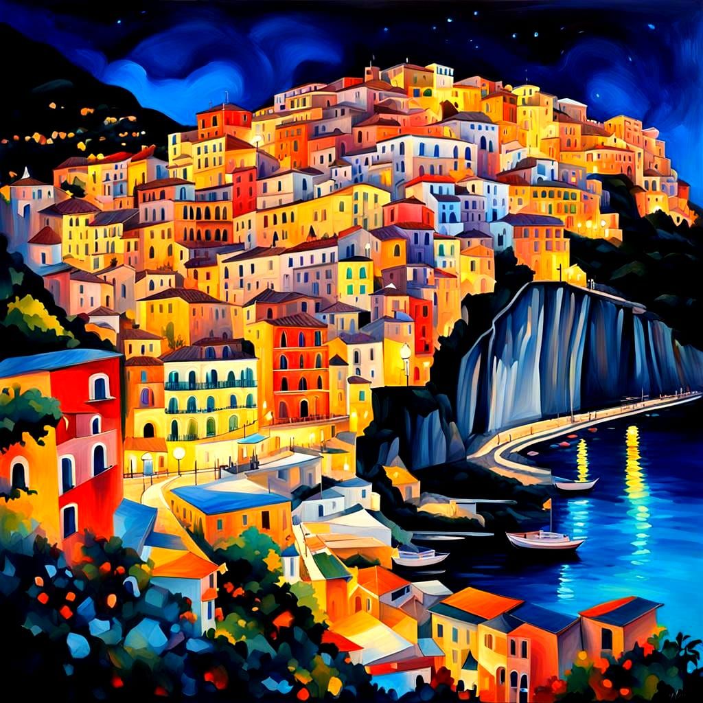 Amalfi Coast Night Scene in Graffiti Art Style