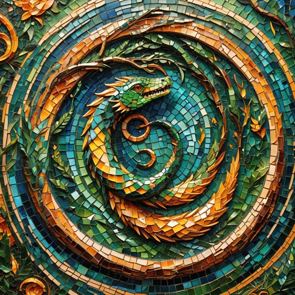Ouroboros in Fantastical Mosaic Art Nouveau Style