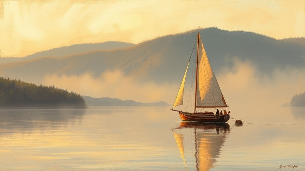 Sailboat on Lake at Dusk in Impressionist Style