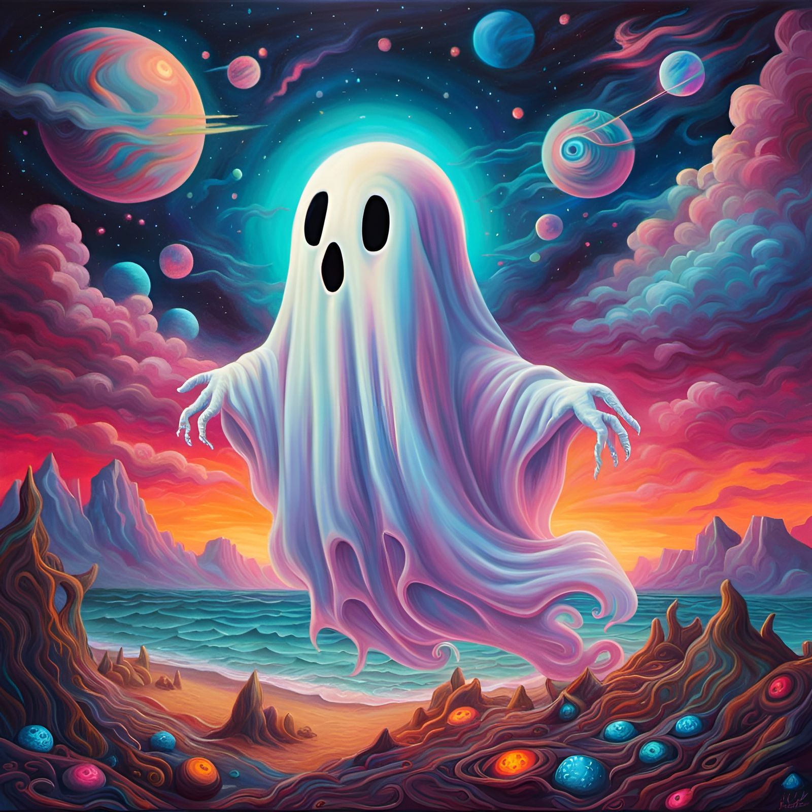 Cute Ghost in Synthwave Cosmic Fantasy Style