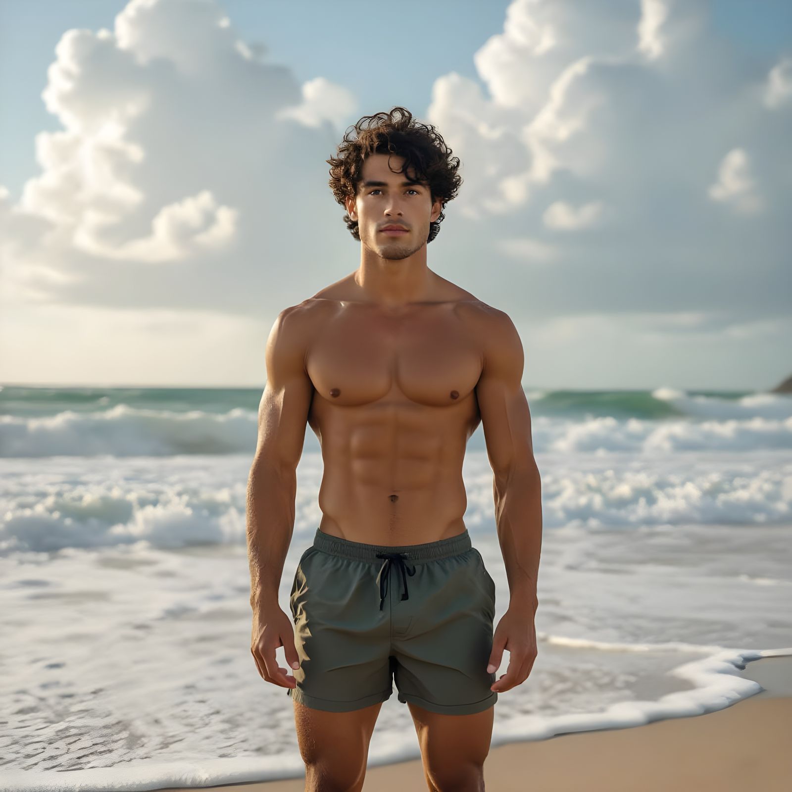 Photo-Realistic Muscled Man on Windy Beach