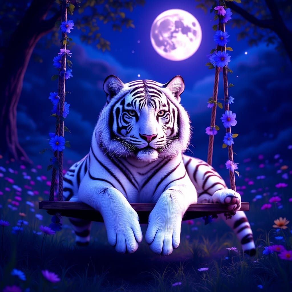 Majestic White Tiger in Enchanted Floral Meadow