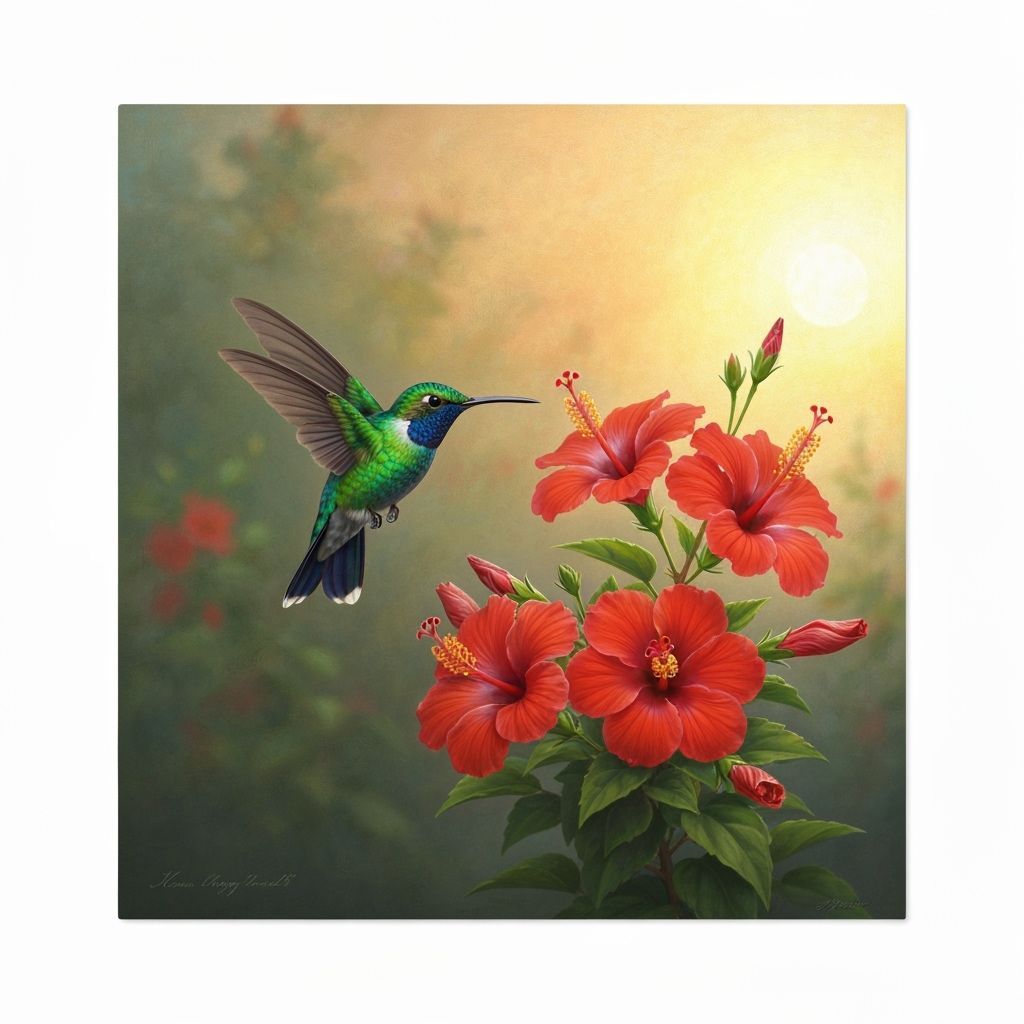 Hummingbird Sipping Nectar From Lotus Flower, Watercolor Sty...