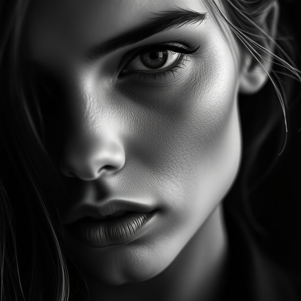 High-Fashion Model Closeup in Black and White Film Noir Styl...