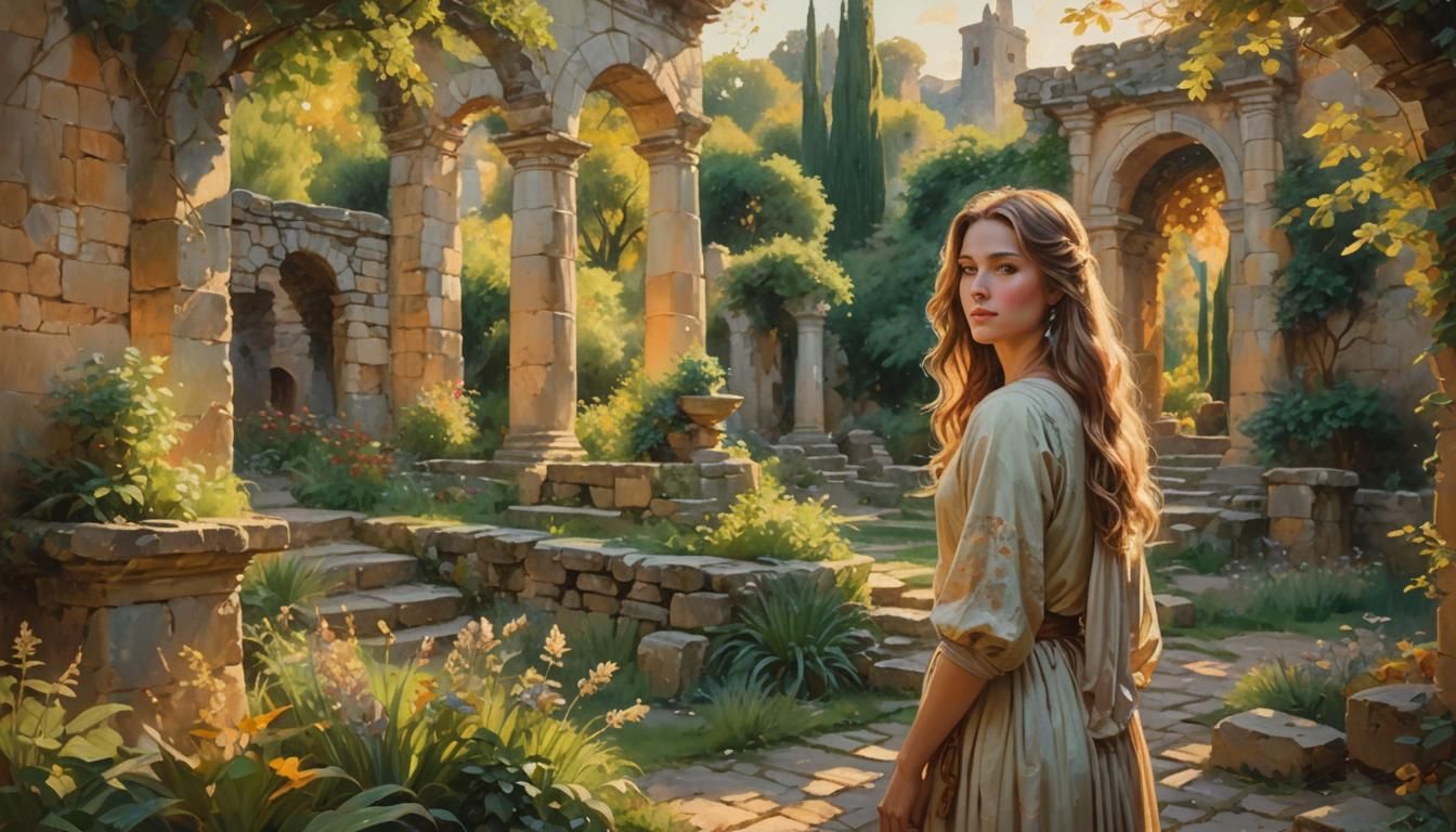 Woman in Garden Ruins: Impressionist Oil Painting