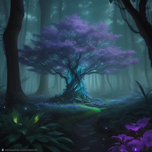 Mystical Glowing Forest Crystal Structure: Digital Art