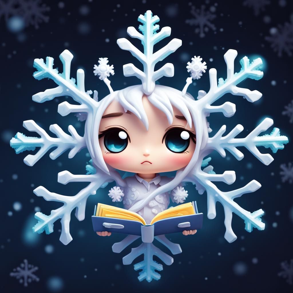 Chibi Kawaii Snowflake Reading Book in Splash Art