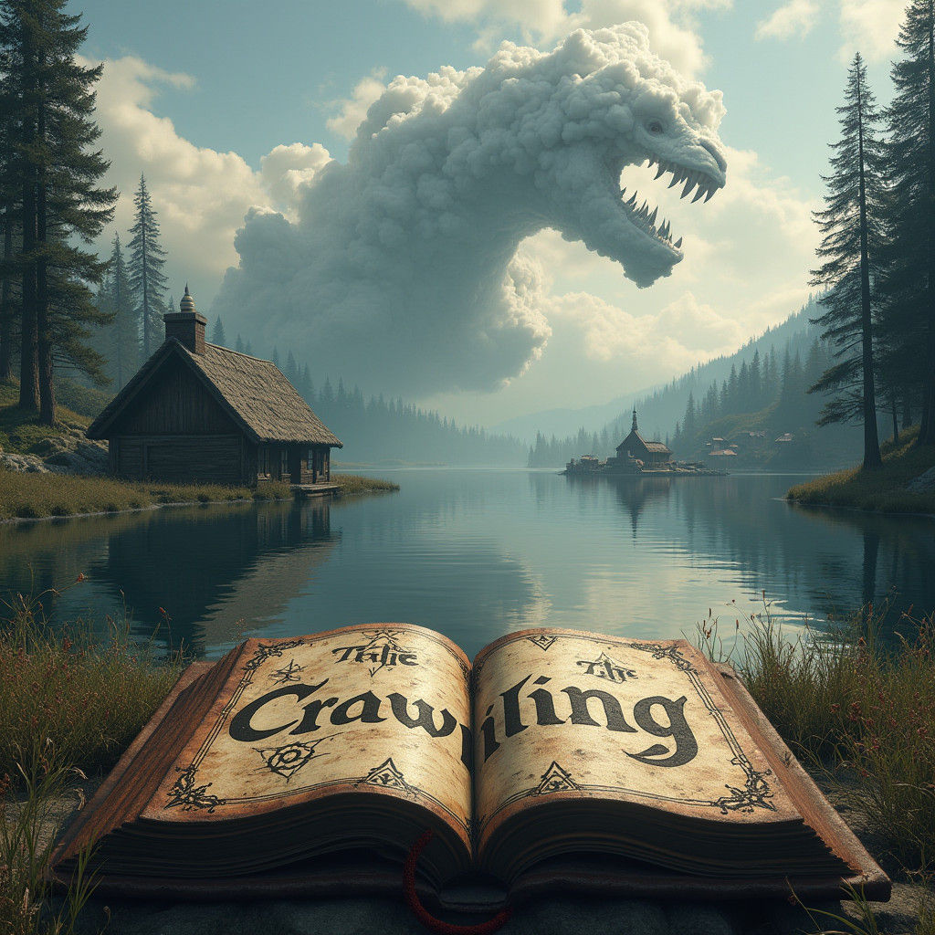 Rustic Cabin Scene with Book and Mythical Clouds