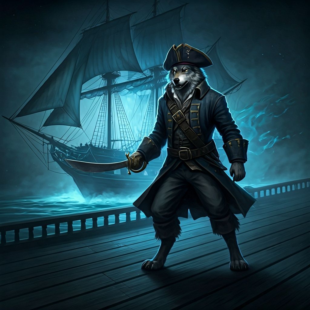 Timber Wolf Pirate Prowls Ghost Ship in Dark Fantasy Style