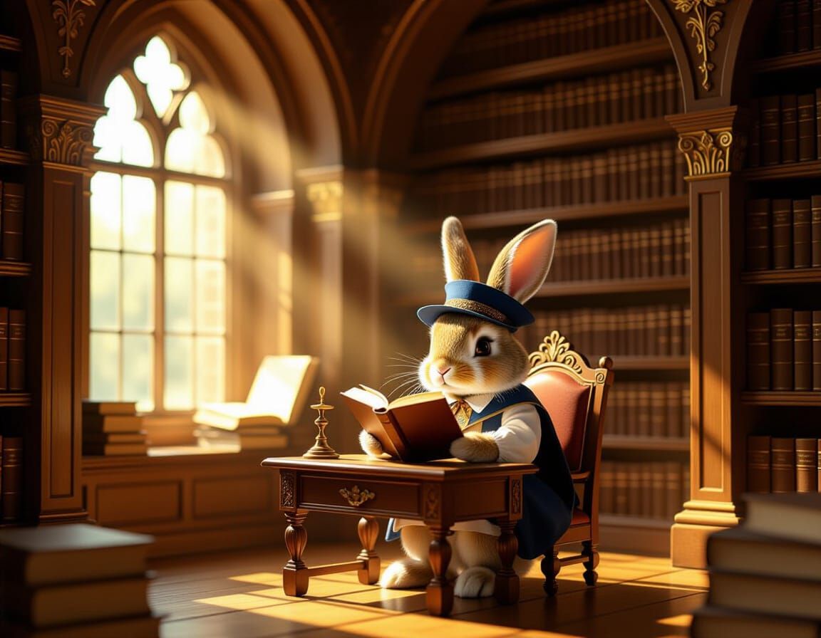 Whimsical Bunny Scholar in Ancient Library Illustration