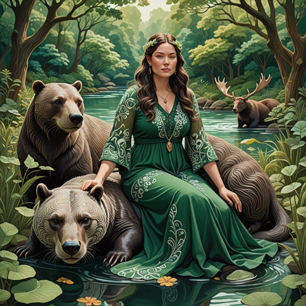 Serene Bohemian Goddess Amidst Whimsical Woodland Creatures