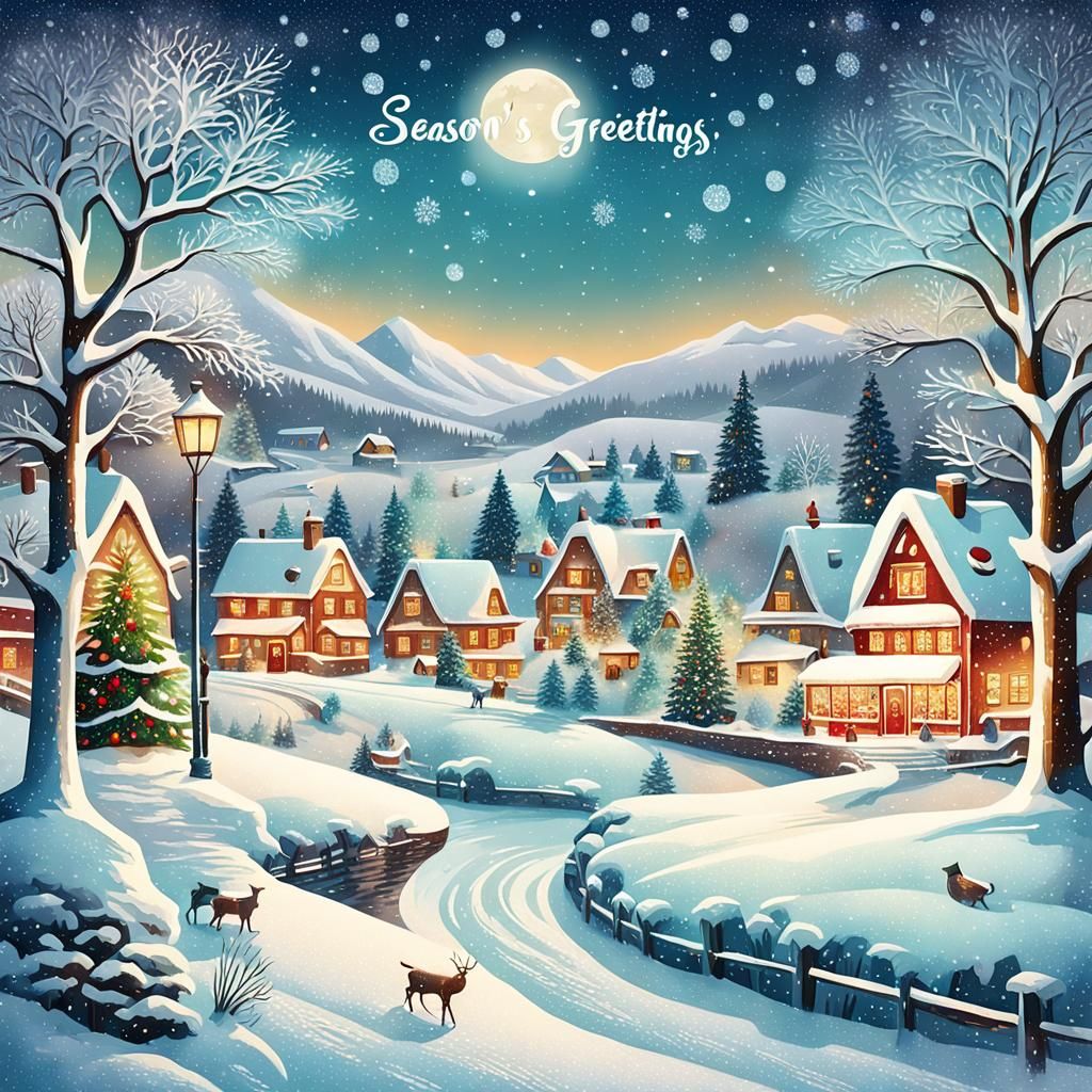 Whimsical Snowy Village in Vintage Christmas Postcard Style