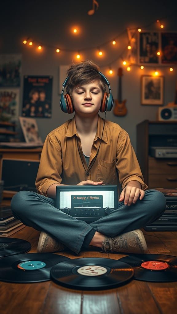 Boy Listening to Music in Retro Sci-Fi Style