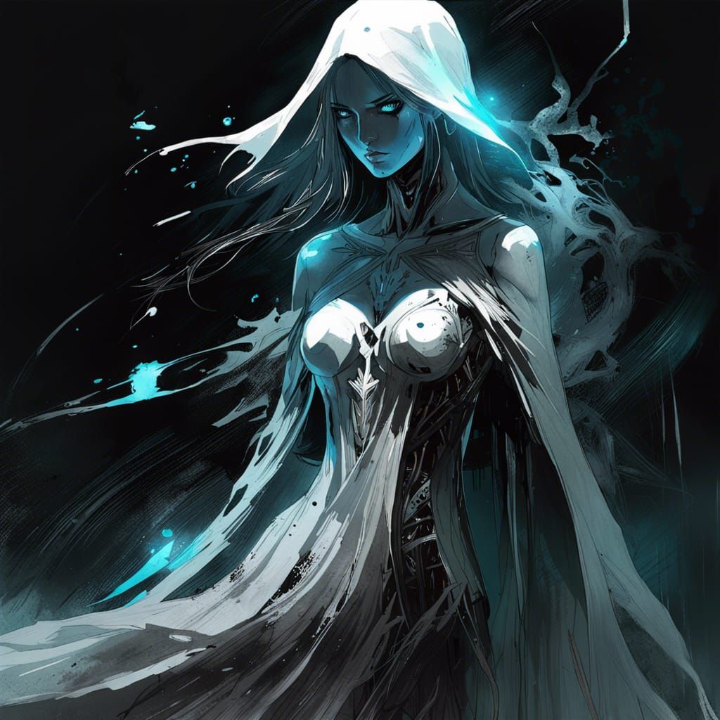 Necromancer Awakens Bioluminescent Ghost in Dark Ritual