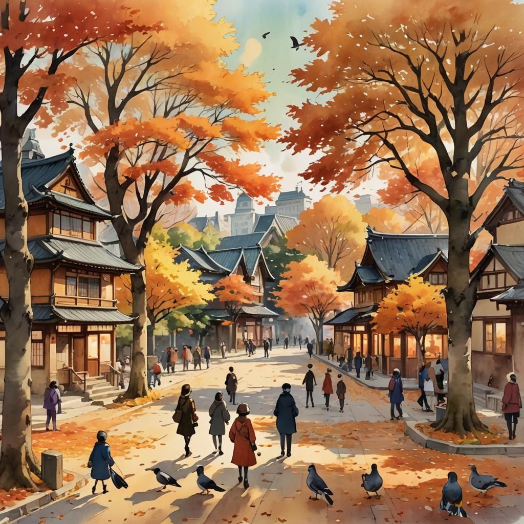 Lively Autumn Town Square in Anime Watercolor Style