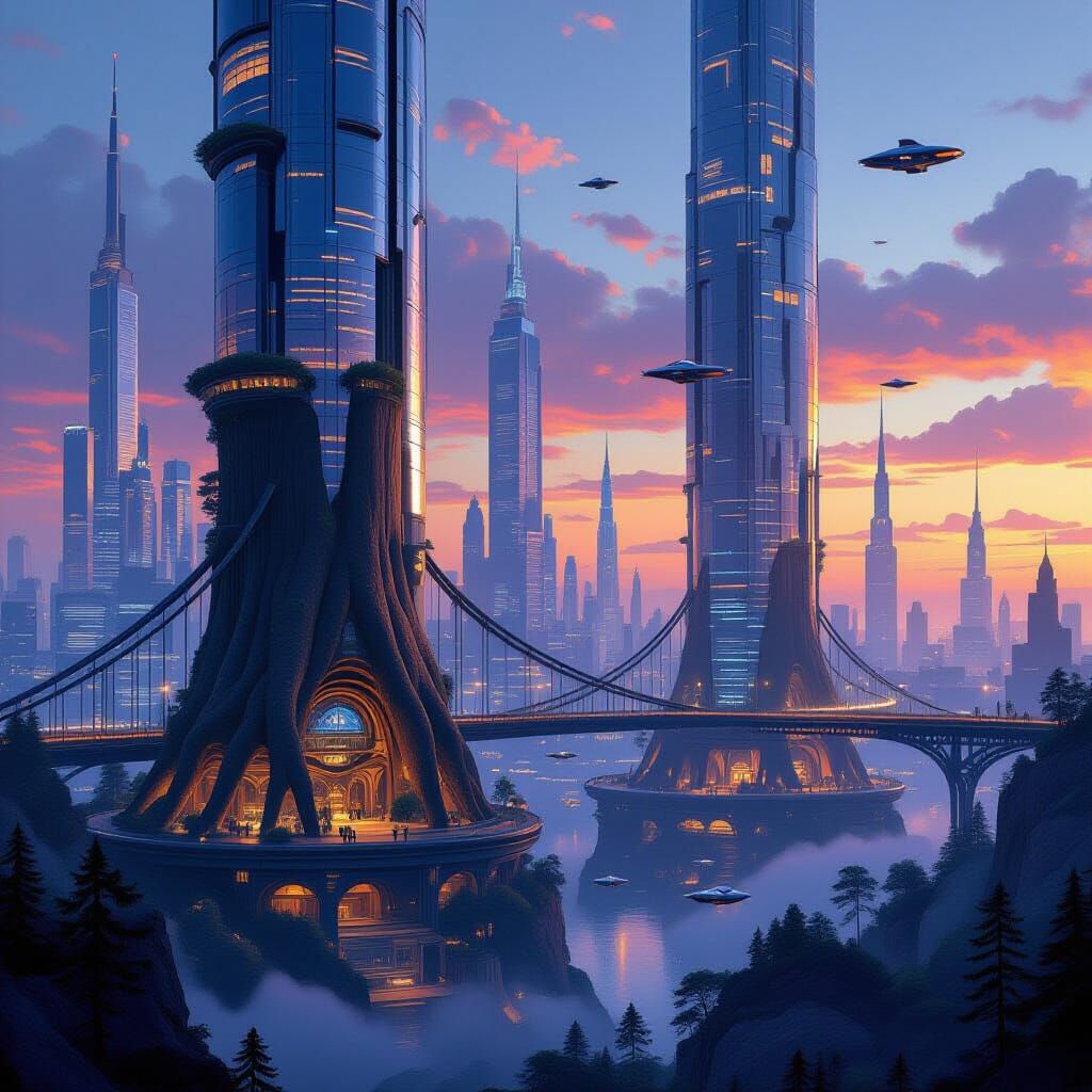 Futuristic Cityscape at Dusk with Giants and Dwarves