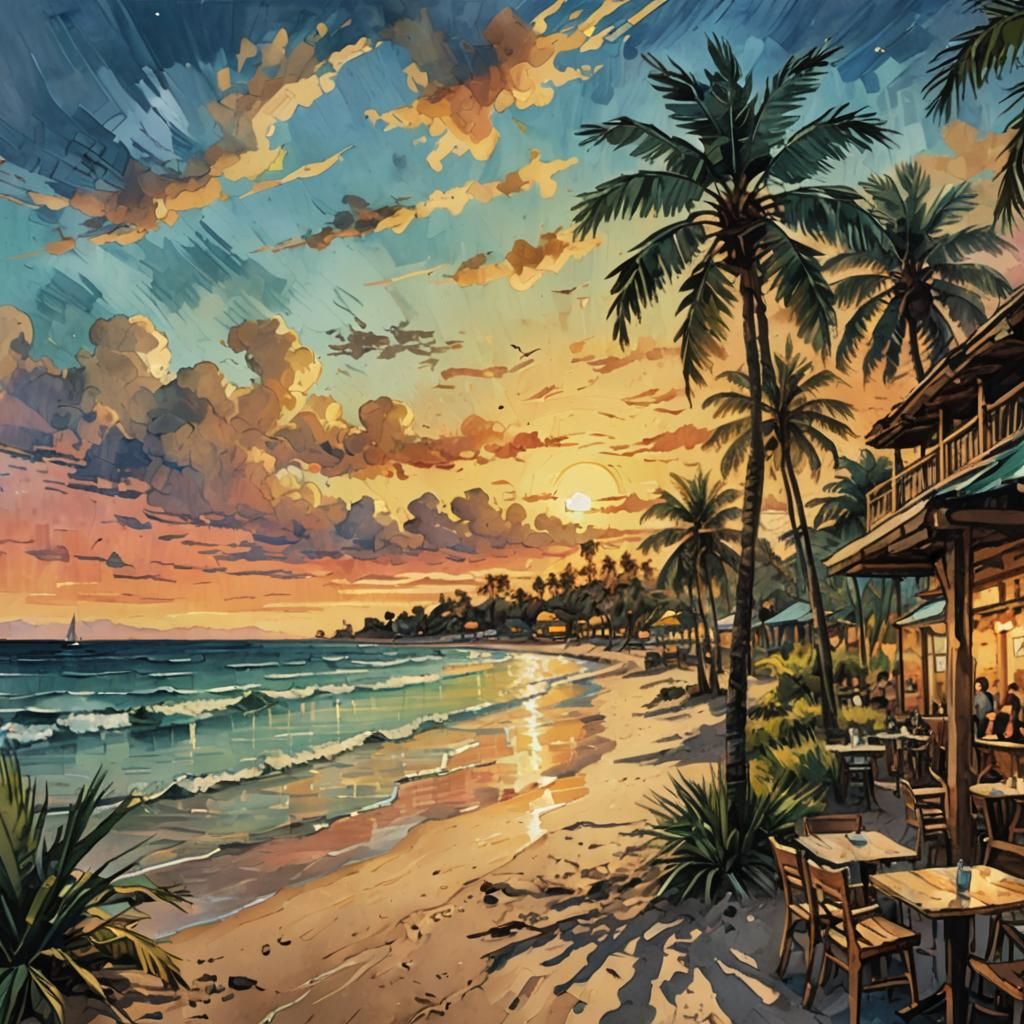 Tropical Beach Sunset in Van Gogh Style