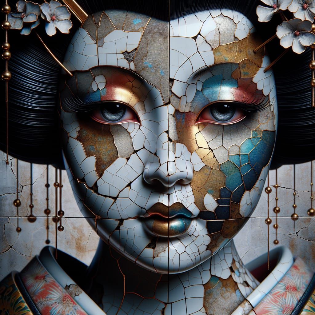 Kintsugi Geisha Doll in Hyperrealistic Style