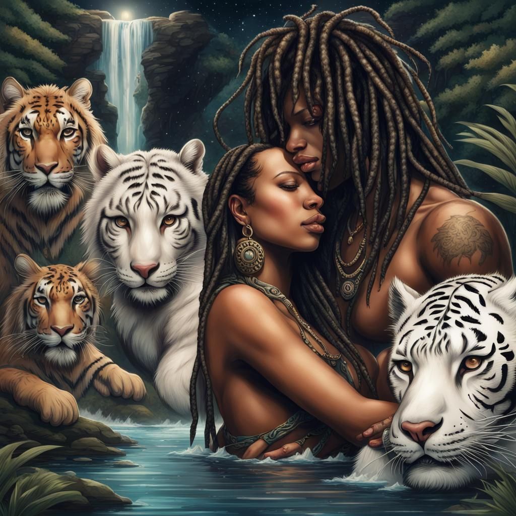 Tribal Couple Kissing Under Stars with White Tigers