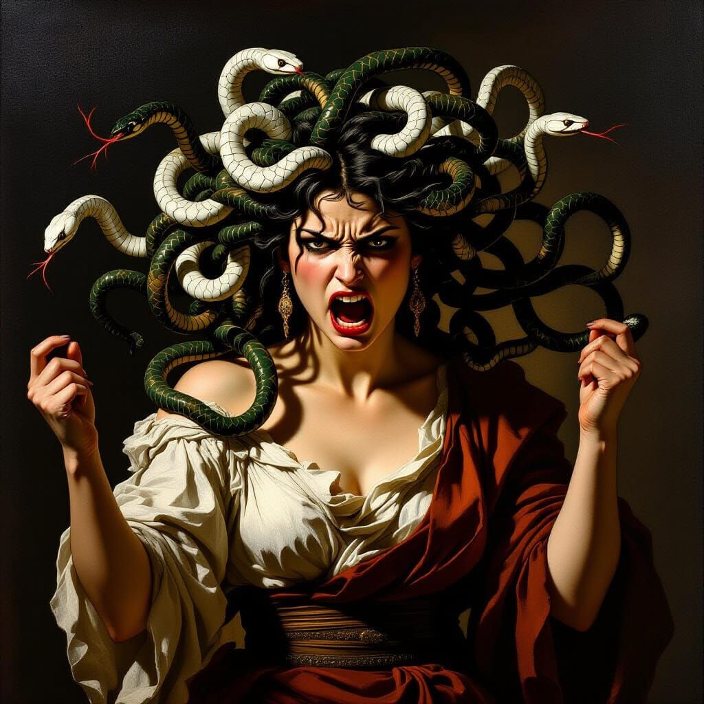 Furious Medusa in Baroque Chiaroscuro Style