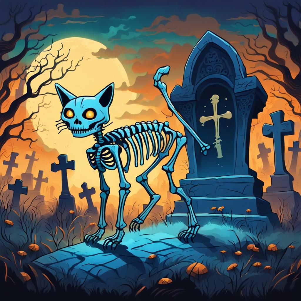 Grinning Cat Skeleton in Spooky Graveyard