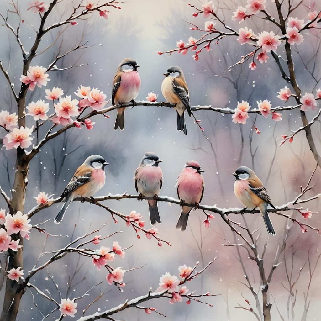 Fluffy Birds on Snowy Perch in Watercolor Style