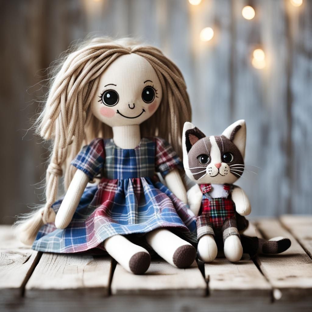 Cute ragdoll toy wearing a plaid dress.
