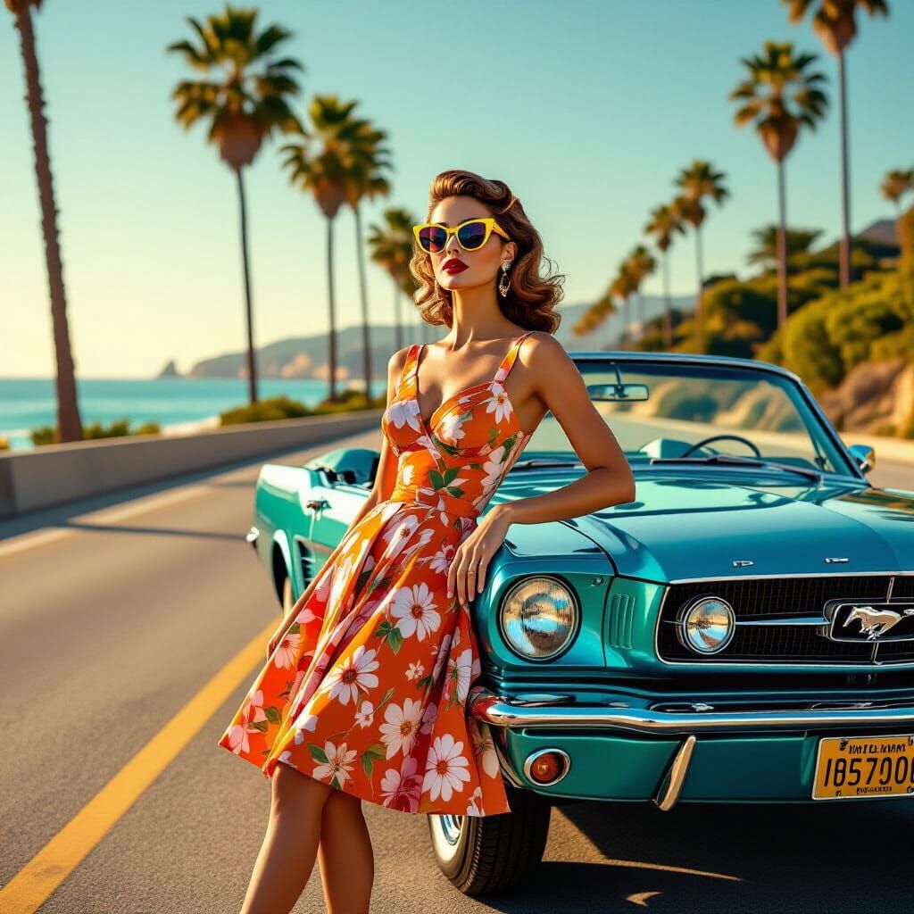 Woman in 50s Dress Poses with Vintage Mustang Convertible