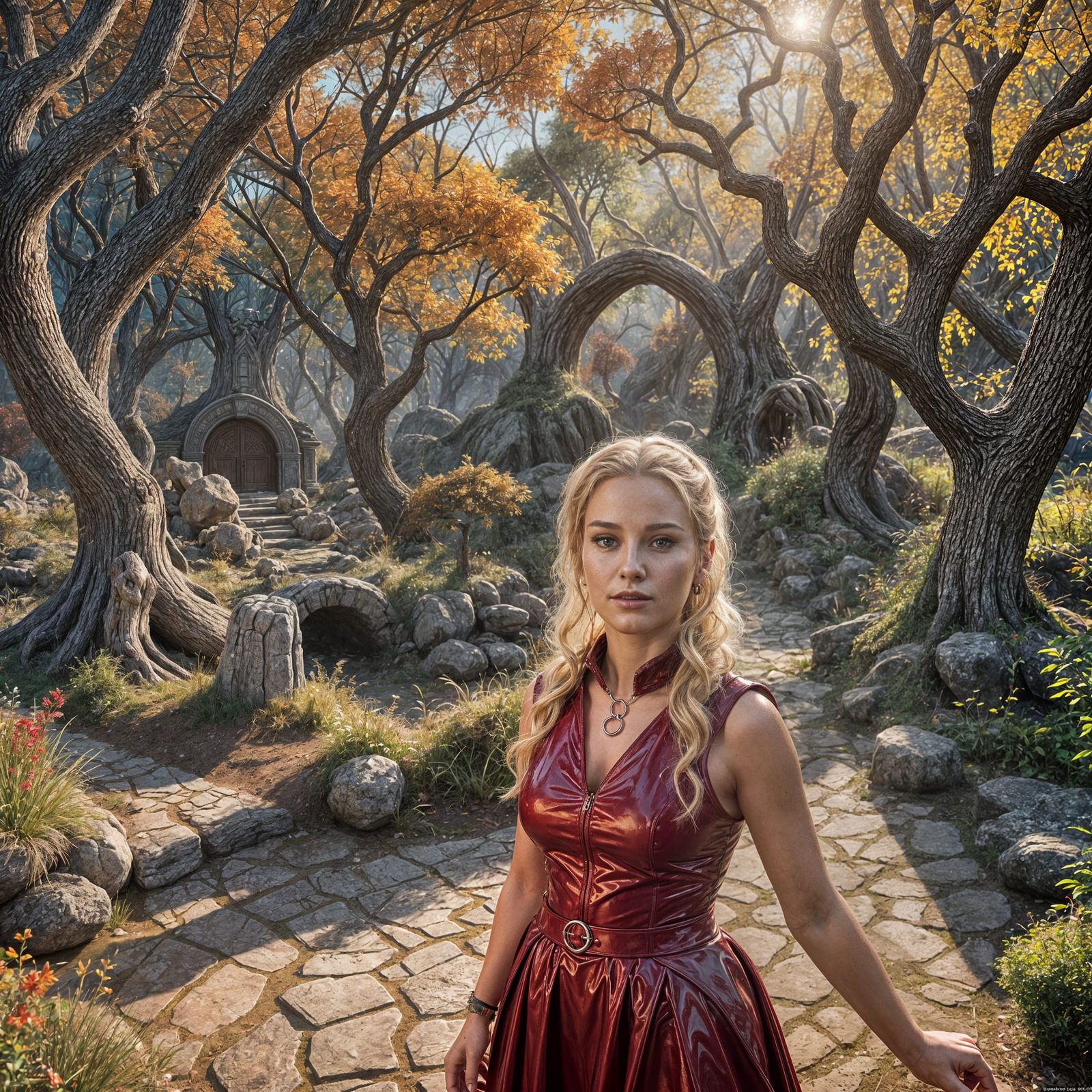 Blonde in Red PVC Dress: Detailed Digital Portrait