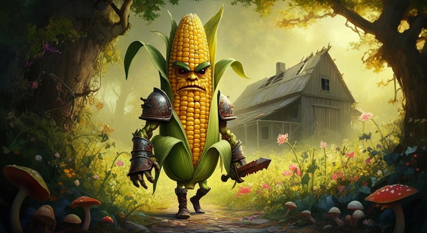 Grimacing Corn Cob Warrior Invades a Vibrant Garden