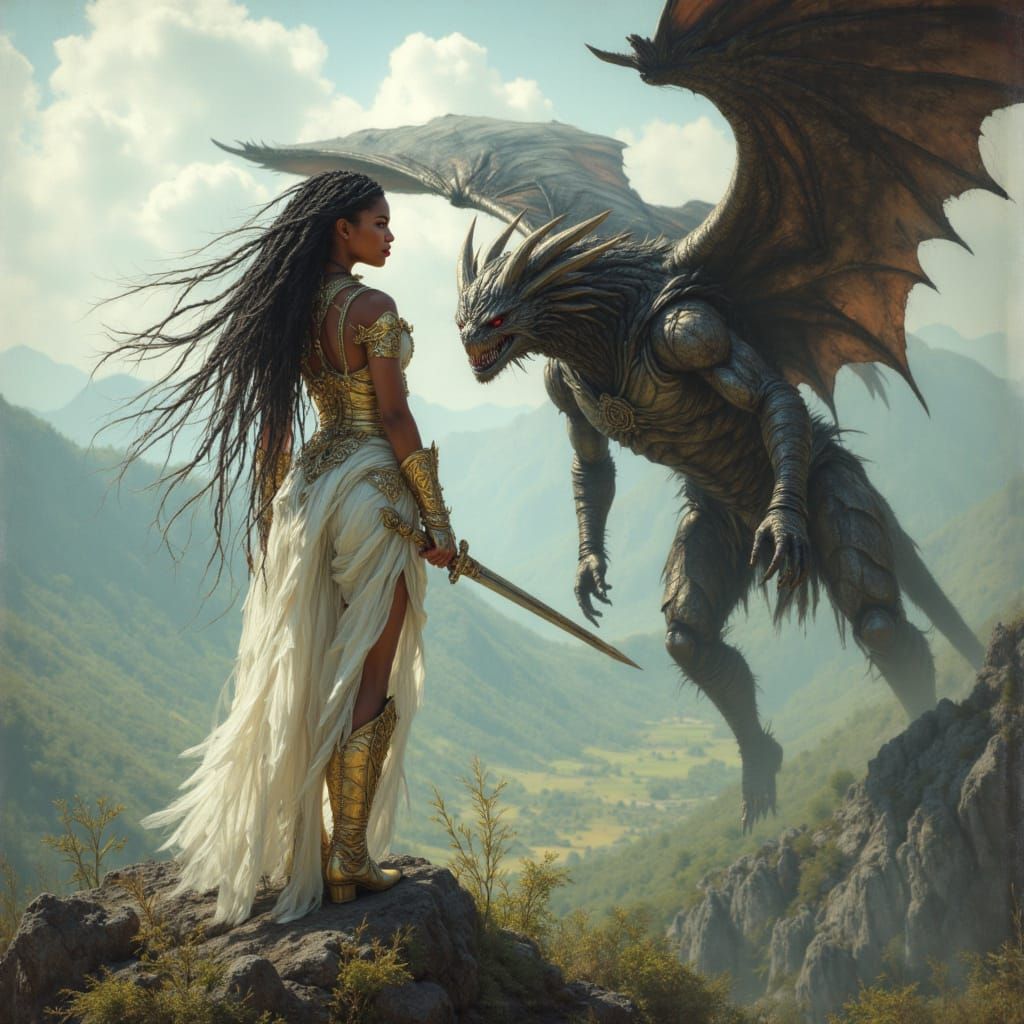 Black Goddess Angel Confronts Demon on Mountain